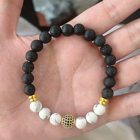 Natural Howlite & Lava Rock & Cubic Zirconia Round Beads Stretch Bracelets for Men Women Round Beads Stretch Bracelets for Men Women FF8165-8-1