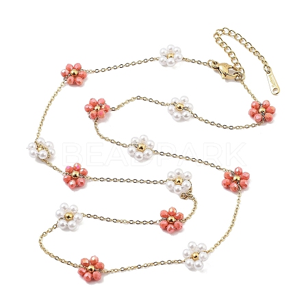 Glass and ABS Plastic Flower Link Chain Necklaces NJEW-H041-05G-01-1
