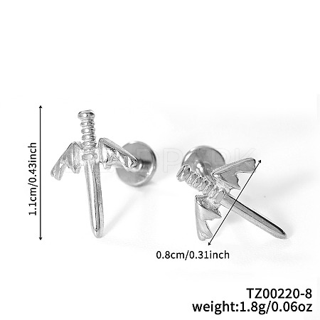 304 Stainless Steel Clear Cubic Zirconia Sword with Wing Stud Earrings AE8260-6-1