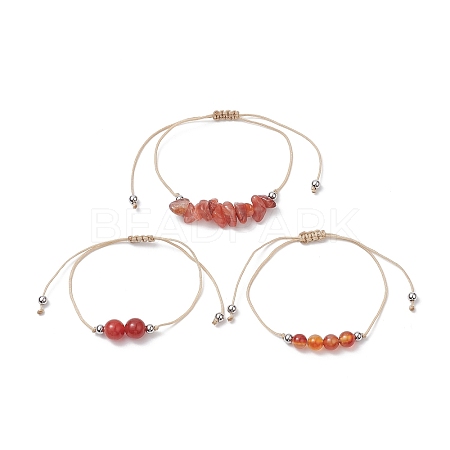 3Pcs 3 Style Natural Red Agate Braided Bead Bracelets Set BJEW-JB09334-08-1