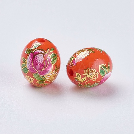 Flower Picture Printed Resin Beads RESI-J020-A01-1