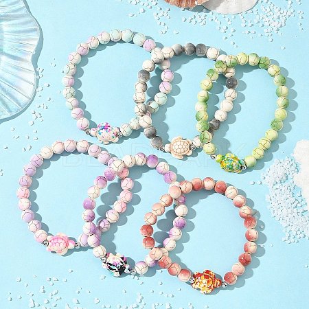 6Pcs 6 Colors Baking Paint Synthetic Turquoise Round & Tortoise Beads Stretch Bracelets for Men Women BJEW-JB12340-1