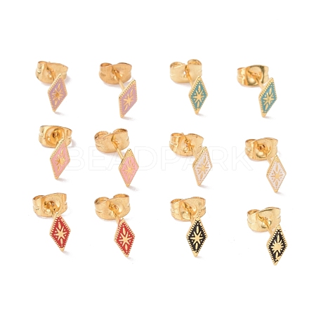 Enamel Rhombus with Star Stud Earrings with 316L Surgical Stainless Steel Pins EJEW-P204-02G-1