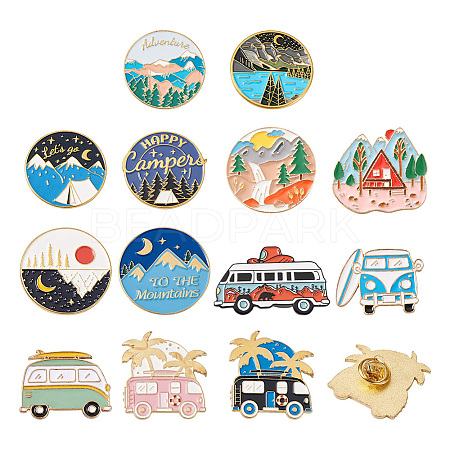 Yilisi 13Pcs 13 Style Flat Round & Car & Moon Alloy Enamel Brooches JEWB-YS0001-07-1