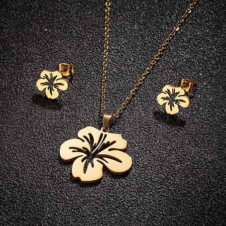 Stainless Steel Flower Stud Earrings & Pendant Necklaces Sets for Women PW-WG215D6-01-1