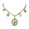 304 Stainless Steel Cloth Oval Embroidered Floral & Flower atural Keshi Pearl & Handmade Porcelain Glazed Hand Painted Tulip Flower Multi-Pendant Necklaces for Women NJEW-JN06354-2