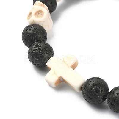 Dyed Natural & Synthetic Mixed Gemstone Skull & Cross Beaded Stretch Bracelets BJEW-TA00272-01-1