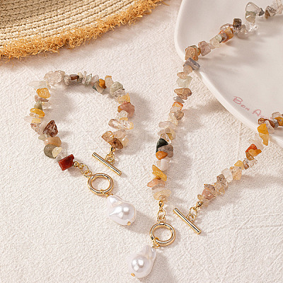 Alloy & Natural Gemstone Chips Beaded Necklaces & Beaded Bracelets Sets FS-WGA97E1-01-1