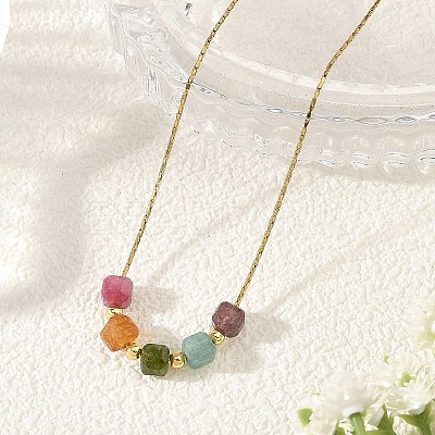 Natural Multicolor Tourmaline Faceted Beaded Pendant 304 Stainless Steel Boston Link Chain Necklaces NJEW-JN06419-02-1