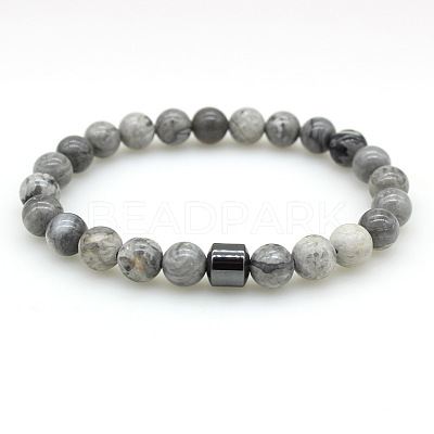 Natural Map Stone Round Beaded Stretch Bracelets for Men Women FS-WG77712-03-1