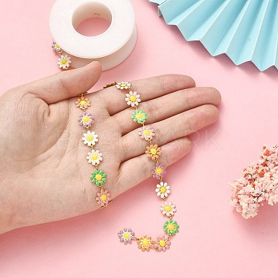 304 Stainless Steel Daisy Flower Link Chains with Enamel AJEW-CJ0001-22C-1