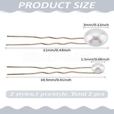 2Pcs 2 Styles Zinc Alloy and ABS Pearl Hairpin OHAR-LP0002-14-1