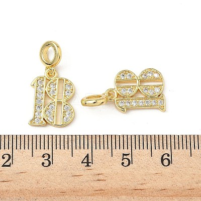 Brass Micro Pave Clear Cubic Zirconia Number 18 European Dangle Charms KK-K293-62G-1