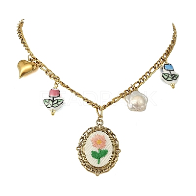 304 Stainless Steel Cloth Oval Embroidered Floral & Flower atural Keshi Pearl & Handmade Porcelain Glazed Hand Painted Tulip Flower Multi-Pendant Necklaces for Women NJEW-JN06354-1