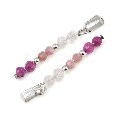 Faceted Round Natural Quartz Crystal & Ruby & Pink Tourmaline Beaded Pendants X-PALLOY-JF03529-09-1