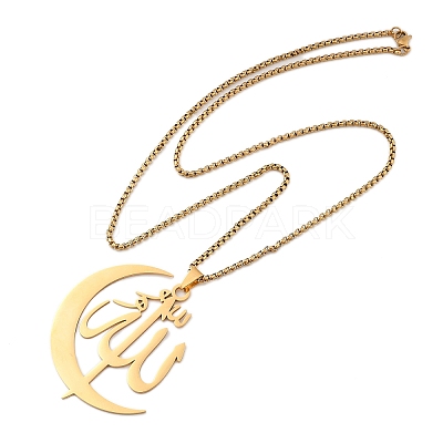 201 Stainless Steel Moon & Arabic Pendants Box Chain Necklaces for Women Men LS-NJEW-R013-02G-1
