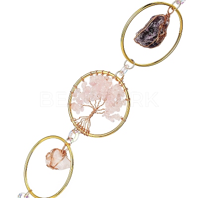 Flat Round with Tree of Life Natural Gemstone Chips Chandelier Hanging Suncatcher AJEW-Q143-03-1