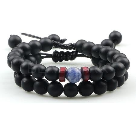 Ethnic Style Frosted Round Natural Obsidian & Blue Spot Jasper Braided Beaded Bracelets Sets for Women Men WD6221-5-1