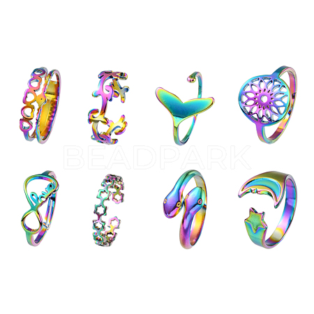 8Pcs 8 Style Heart & Infinity & Whale Tail & Snake 304 & 201 Stainless Steel Cuff Rings Set for Women RJEW-FS0001-04-1