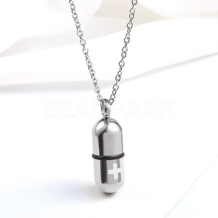 Medical Theme Pill Shape Stainless Steel Pendant Necklaces with Cable Chains JS1441-3-1