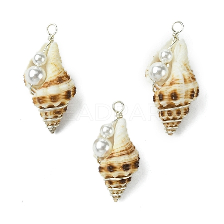 Natural Scallop Shell & Round Shell Pearl Pendants PALLOY-TA00197-01-1
