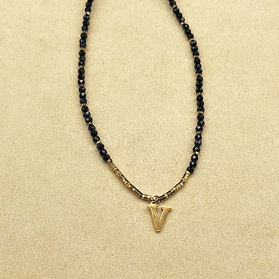 Stainless Steel Initial Pendant Faceted Round Natural Black Spinel Beaded Necklaces for Women ZD9259-22-1
