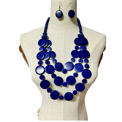Ethnic Style Wood Flat Round Beaded Multilayer Necklaces & Dangle Earrings Sets WG19BD2-03-1