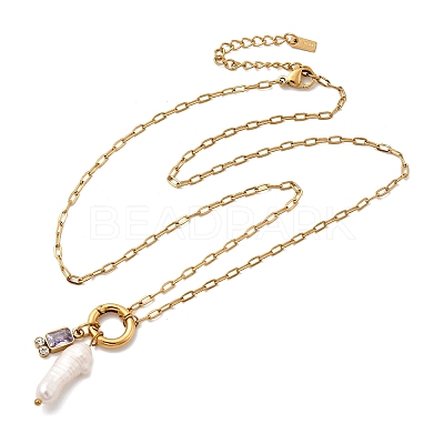 Natural Keshi Pearl Stick & Rectangle Purple Glass Pendant 304 Stainless Steel Paperclip hain Necklaces for Women NJEW-K255-54G-1