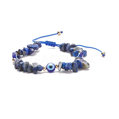 Natural Lapis Lazuli Chips & Resin Evil Eye Braided Bead Bracelet BJEW-JB08495-03-1