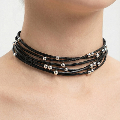 Alloy Round Bead PU Leather Multi-strand Choker Necklaces for Women WGA79C6-01-1