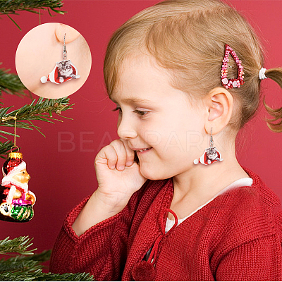 2 Pairs 2 Style Christmas Hat with Cat Acrylic Dangle Earrings EJEW-AN0002-37-1