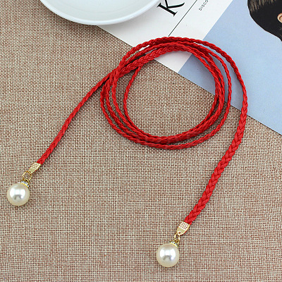 Imitation Leather Braided Belly Belt with Plastic Imitation Pearl Round Bead WG11EBA-02-1