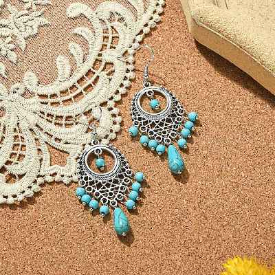 Synthetic Turquoise Beaded Long Drop Earrings EJEW-JE05389-02-1