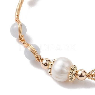 Natural Aquamarine Round Beaded Cuff Bangle BJEW-JB10113-04-1