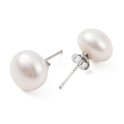 Natural Pearl Round Bead Stud Earrings X-EJEW-E298-01G-01P-1