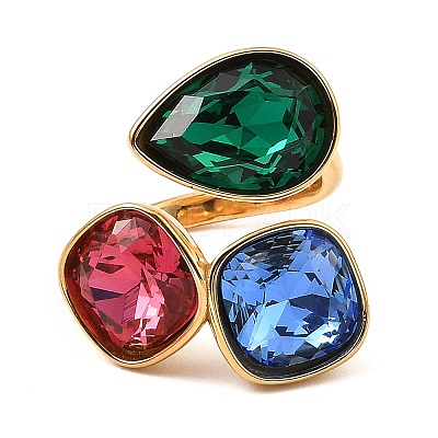 Teardrop & Square Glass Open Cuff Rings RJEW-G289-01G-06-1