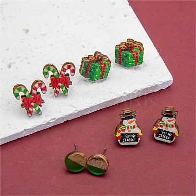 4 Pairs Candy Cane & Snowman & Christmas Gift Printed Wood Stud Earrings EJEW-OY001-01-1