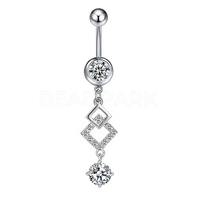 304 Stainless Steel Pave Clear Cubic Zirconia Curved Barbell Rhombus Dangle Belly Rings FS-WGF29F0-07-1