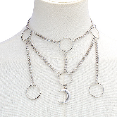 Moon & Ring Zinc Alloy Tassel Layered Choker Necklaces FS-WG2E652-06-1