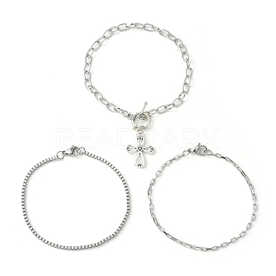 3Pcs 3 Style 316 Surgical Stainless Steel Box & Venetian Chain Bracelets Set with Corss Charms BJEW-FS0001-07-1