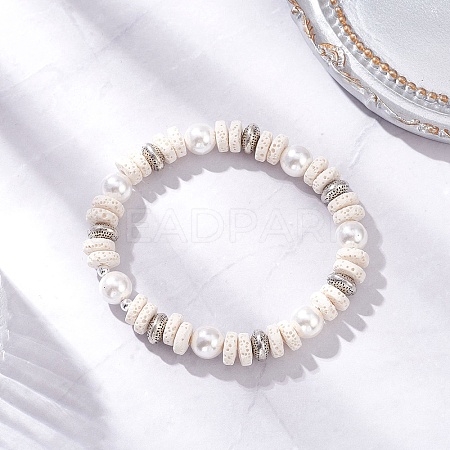 Flat Round Natural Lava Rock & Shell Pearl Beaded Stretch Bracelets for Women BJEW-JB12140-02-1