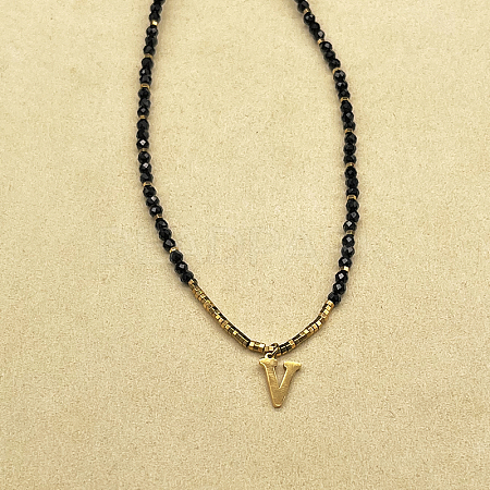 Stainless Steel Initial Pendant Faceted Round Natural Black Spinel Beaded Necklaces for Women ZD9259-22-1