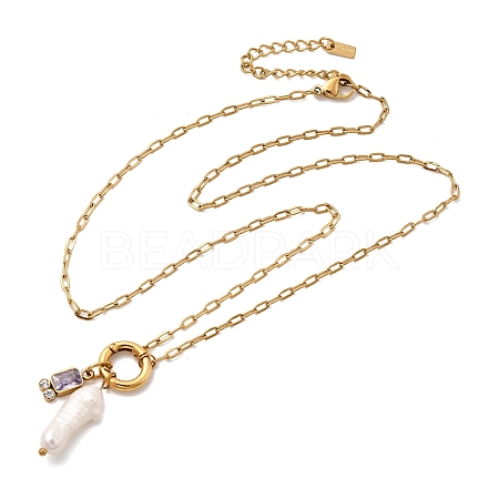 Natural Keshi Pearl Stick & Rectangle Purple Glass Pendant 304 Stainless Steel Paperclip hain Necklaces for Women NJEW-K255-54G-1
