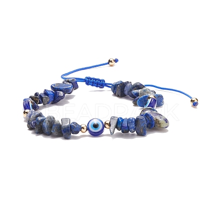Natural Lapis Lazuli Chips & Resin Evil Eye Braided Bead Bracelet BJEW-JB08495-03-1