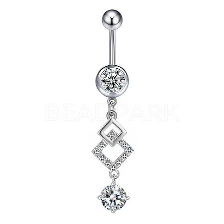 304 Stainless Steel Pave Clear Cubic Zirconia Curved Barbell Rhombus Dangle Belly Rings FS-WGF29F0-07-1