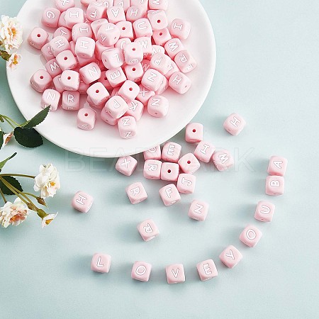 20Pcs Pink Cube Letter Silicone Beads 12x12x12mm Square Dice Alphabet Beads with 2mm Hole Spacer Loose Letter Beads for Bracelet Necklace Jewelry Making JX435E-1
