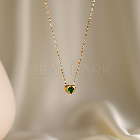 304 Stainless Steel Pave Cubic Zirconia Heart Pendant Cable Chain Necklaces for Women WG320DC-03-1