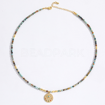 Stainless Steel Evil Eye Pendant Faceted Round Natural African Turquoise(Jasper) Beaded Necklaces for Women Ion Plating(IP) JF6983-2-1