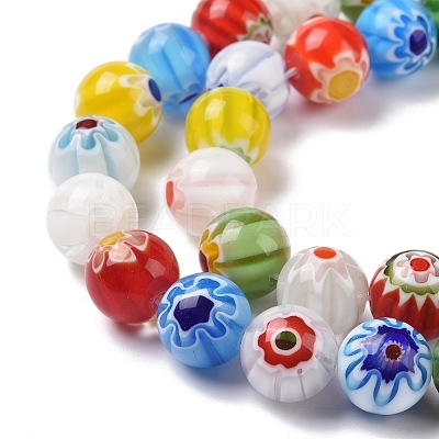 Millefiori Glass Round-Single Flower Bead Strands LK16-1