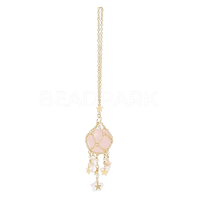 Natural Rose Quartz with Rack Plating Brass Pendants Decorations AJEW-B023-01G-06-1